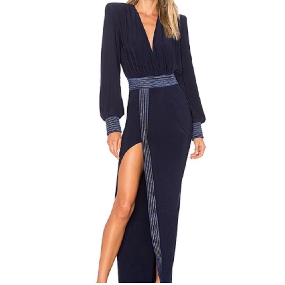 Zhivago Navy Long Sleeve V-Neck Maxi Dress with Embellished Waist